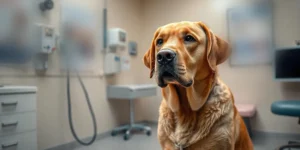 Labrador dorado sentado en un consultorio veterinario